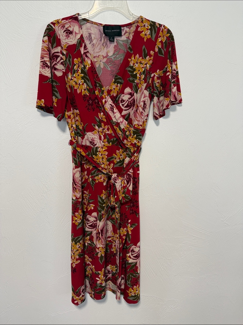 Donna Morgan Red Floral Wrap Midi Dress